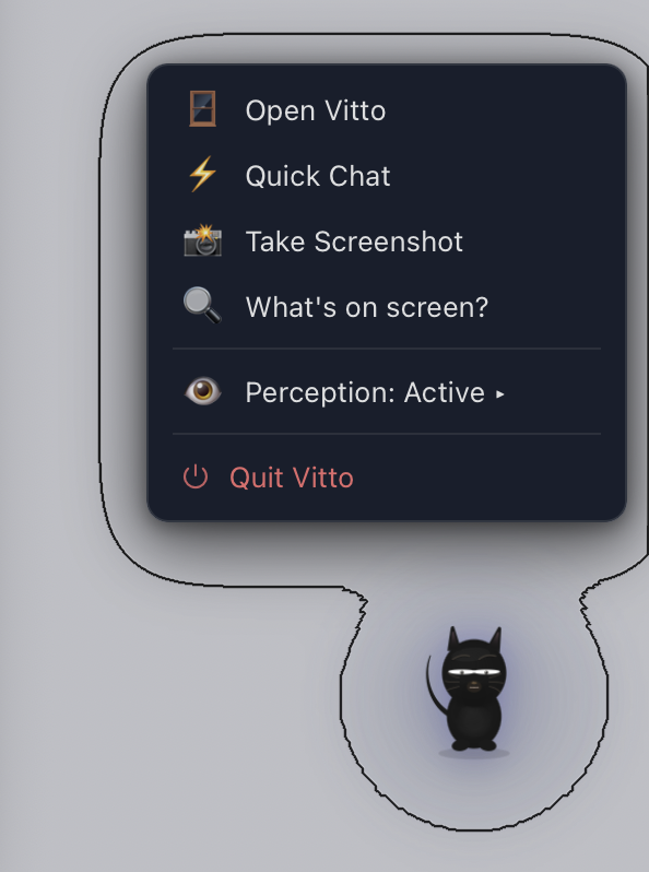 Vitto desktop tray with Open Vitto, Quick Chat, Perception, and Quit